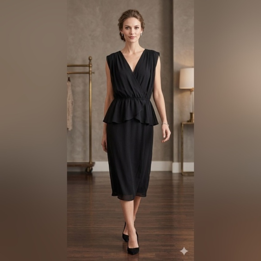 Vtg Pat Richards Women’s Medium Black Peplum Cocktail Dress M V-Neck 6 8